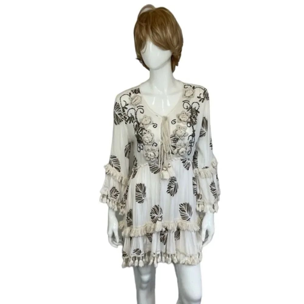 Ibiza Boho Creme Brown Embroidered Fringe ,Tassels 3D Flowers Mini Dress XS